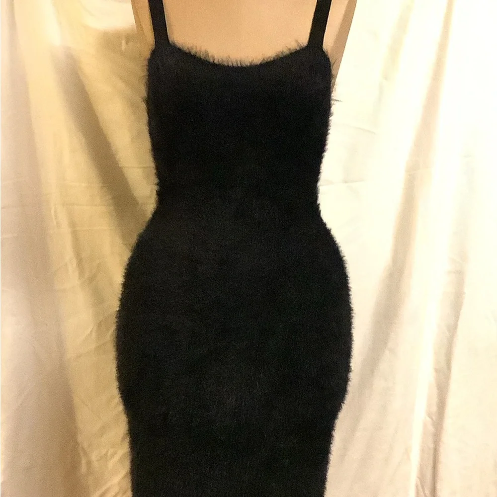 Fabletics Alt Black Bodycon Plush 90’s Mini Dress Thin Straps LBD Goth - Picture 5 of 12